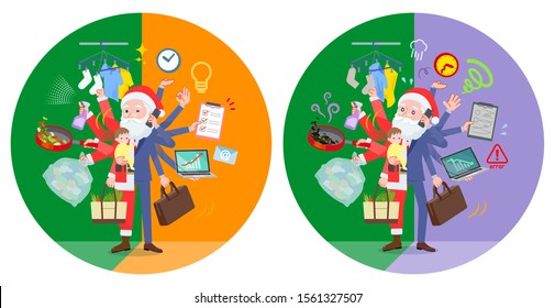 A set of Santa Claus who perform multitasking in offices and private.There are things to do smoothly and a pattern that is in a panic.It's vector art so it's easy to edit.
