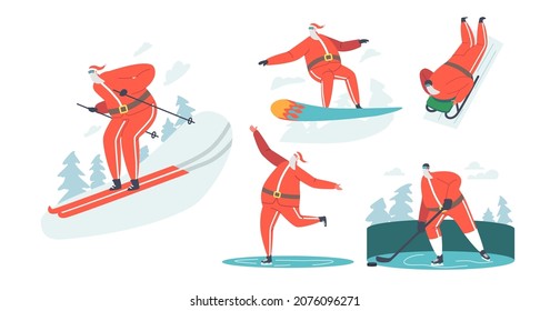 Set Santa Claus Winter Sport Activities Snowboard, Skiing, Sliding, Skating and Hockey Sport. Christmas Character Healthy Lifestyle, Extreme Recreation, Xmas Fun. Cartoon People Vector Illustration