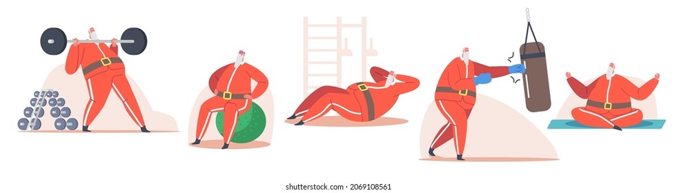 Set de Santa Claus Workout in Gym. Carácter navideño meditar, boxear, levantar pesas y hacer ejercicios en una bola. Deporte de vacaciones de invierno, mascota deportiva sana Santa Cute. Ilustración del vector de dibujos animados