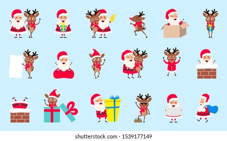 Set Santa Clauses and Deers. Christmas Cartoon Happy Characters