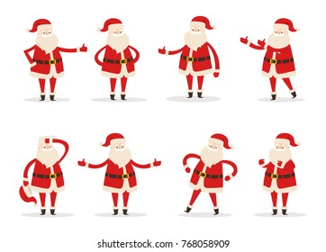 Set of Santa Clauses in different poses vector illustration icons of Saint Nicholas character isolated on white background, Santa's emoticons stickers