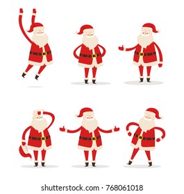 Set of Santa Clauses in different poses vector illustration icons of Saint Nicholas character isolated on white background, Santa's emoticons stickers