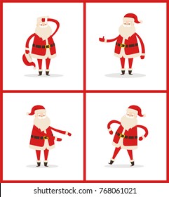 Set of Santa Clauses in different poses vector illustration icons of Saint Nicholas character isolated on white background, Santa's emoticons stickers
