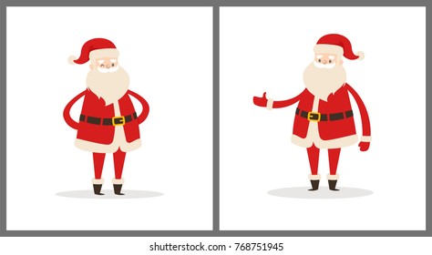 Set of Santa Clauses in different poses vector illustration icons of Saint Nicholas character isolated on white background, Santa's emoticons stickers