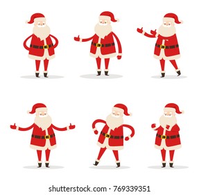 Set of Santa Clauses in different poses vector illustration icons of Saint Nicholas character isolated on white background, Santa's emoticons stickers