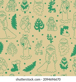 Set of Santa Clauses. Doodle Christmas trees. New Year mood - reindeers, boots, seamless background. Christmas Green Pattern. Head with a beard. Craft paper, textile, wrapping paper, winter packing.