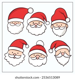 Conjunto de pegatinas faciales de Santa Clause en estilo doodle. Dibujado a mano cabezas de Santa colorido aislado para el diseño, decoración, tarjetas de año nuevo. Personajes de Navidades.