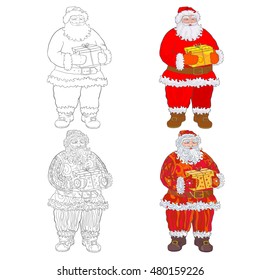 Set of Santa Clauses with a gift box in hands. Illustration for coloring book, Christmas page.
