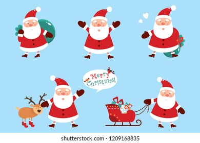 Set of Santa Clauses with gifts on a blue background. Vector illustration.