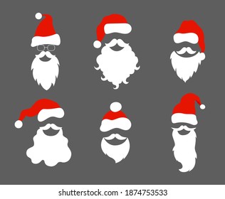 Set of Santa Clauses isolated on gray background. Santa hats, mustaches and beards. Christmas elements for design of a greeting card. Vector illustration