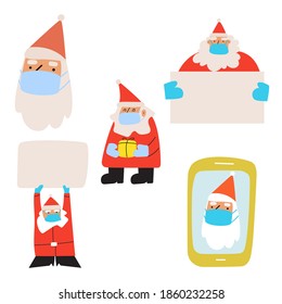 Set von Weihnachtsklauseln mit Schutzmaske. Handgezeichnete Vektorgrafik auf weißem Hintergrund. 