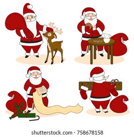 Set of Santa Clauses ready for christmas. With deer, drinking milk with cookies, gift list. Vector illustration
