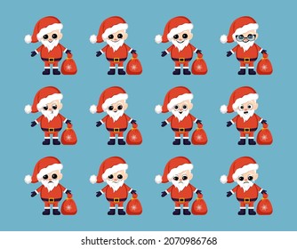 Set von Weihnachtsklauseln in rotem Anzug und Hut mit Tüte von Geschenken. Symbol von Neujahr und Weihnachten. Geradener Charakter mit unterschiedlichen Emotionen der Freude und Traurigkeit