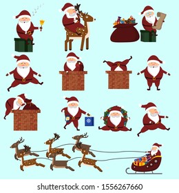 Set of santa clauses that sit, jump, stand, sing, ride. With deer, gift bag, chimney, bell, list. Vector illustration.Isolated on blue background.