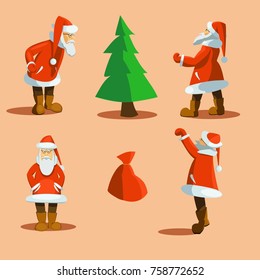 a set of Santa Clauses in various poses, gifts and a Christmas tree