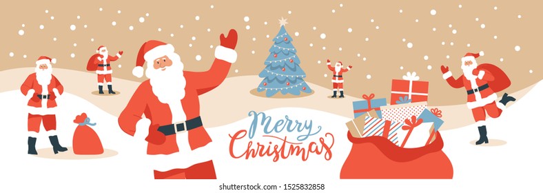 Set of Santa Clauses in a winter landscape background stand around the Christmas tree. Flat cartoon colorful vector illustration. 