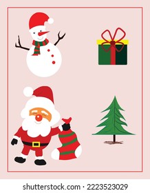 set santa claus,gift box,snow man,christmas tree on the light color background