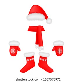 Set of Santa costume, mittens hat, socks, scarf on a white background isolated