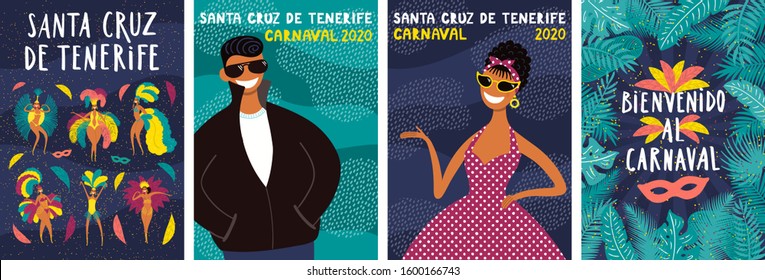 Set von Santa Cruz de Tenerife Plakaten mit tanzenden Mädchen, Blätter, spanischer Text Bienvenido al Carnaval, Willkommen auf dem Karneval. Handgezeichnete Vektorillustration. Flaches Design. Konzept für Flyer, Banner