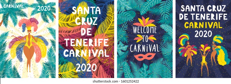 Set of Santa Cruz de Tenerife Carnival posters with dancing girls in bright costumes, colorful feathers, tropical leaves, text. Hand drawn vector illustration. Flat style design. Concept flyer, banner