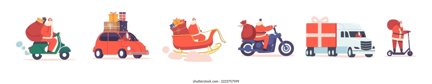 Set Santa Deliver Gifts on Different Transport Modes. Noel Character Driving by Scooter, Bike, Car, Truck and Car Bringing Present to Children for Christmas. Cartoon People Vector Illustration