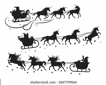 Set of Santa flying on a sleigh with  unicorn. Collection of silhouette of Santa Claus handing out gifts pulled by festive animals. Happy New Year. Vector illustration for holiday cards.