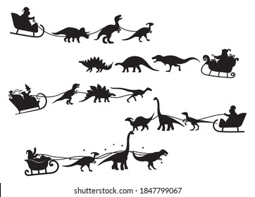 Set of Santa flying on a sleigh with dinosaur. Collection of silhouette of Santa Claus handing out gifts pulled by jurassic animals. Happy New Year. Vector illustration for holiday cards.