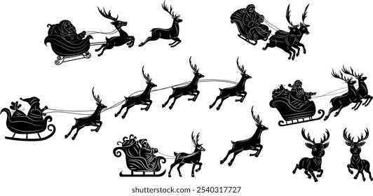 set of santa flying on sleigh silhouette on white background, vector