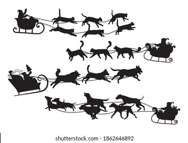 Set of Santa flying in a sleigh with pets. Collection of silhouette of Santa Claus giving out gifts in harness with cats and dogs. Happy New Year. Vector illustration for holiday cards.