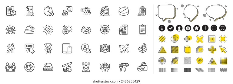 Set of Santa hat, Co2 and Mobile devices line icons for web app. Design elements, Social media icons. Verified locker, Paint roller, Passport warning icons. Vector