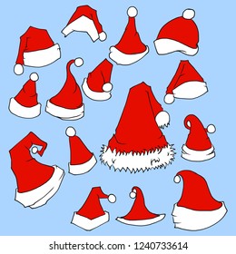 Set of Santa Hat icon Drawing illustration Hand drawn doodle Sketch line vector