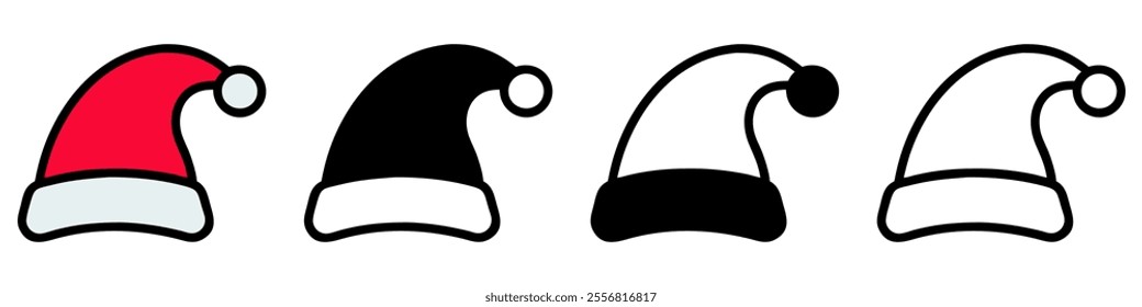 Set of Santa hat icons. Merry Christmas cute element. Noel hat sign. Vector illustration