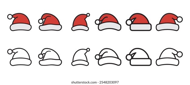 A set of Santa hat icons in vibrant color and outline style, perfect for Christmas decorations, holiday invitations, festive graphics, and seasonal projects.