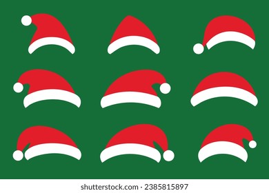 Conjunto de Santa Hat aislado en el fondo verde. Ilustración vectorial para celebraciones navideñas