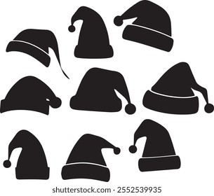 Set of santa hat silhouette vector illustration black Christmas new year