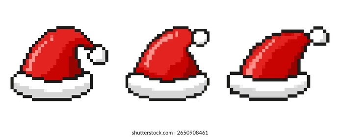 Set of Santa Hat templates in pixel art style. Red festive headgear. Christmas cap, holiday attire, labels. Isolated on white background.
