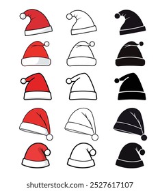 Set of Santa Hat vector illustration, outline, silhouette, icon design on white background