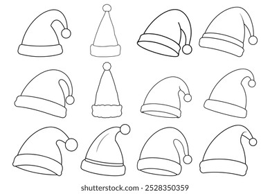 Conjunto De Ilustración vectorial De Sombrero De Santa. Sombrero de Papá Noel. Felices Navidades. Icono de contorno de sombrero de Santa.