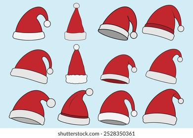 Conjunto De Ilustración vectorial De Sombrero De Santa. Sombrero de Papá Noel. Felices Navidades. Icono de contorno de sombrero de Santa.