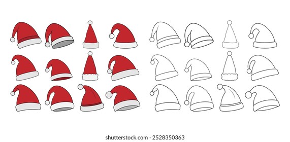 Set Of Santa Hat Vector Illustration. Santa Claus Hat. Merry Christmas. Santa Hat Outline Icon.