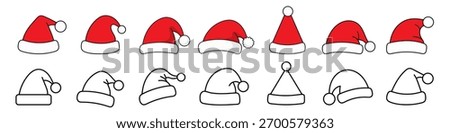 Set Of Santa Hat Vector Illustration. Santa Claus Hat. Merry Christmas. Santa Hat Outline and color Icon.