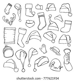 set of santa hats boots beard sketch isolated on white