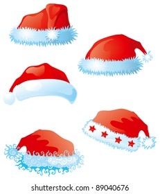 Set of santa hats. Five santa caps isolated on white background. You can dress this cap on any -  head, letter or logo.