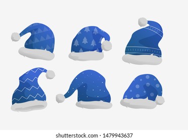 Set of Santa hats isolated on transparent background. Vector Christmas caps collection, winter headwear to Xmas illustration