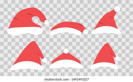 Set of Santa Hats isolated on transparent background. Winter Cap.  Santa Christmas hat decoration. vector illustration in flat style