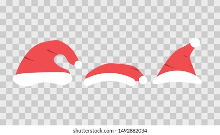 Set of Santa Hats isolated on transparent background. Winter Cap.  Santa Christmas hat decoration. vector illustration