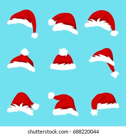 Set Santa Hats Isolated on Blue Background, Collection Different Christmas Caps - Illustration Vector