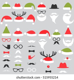 Set of Santa hats, mustache and beards