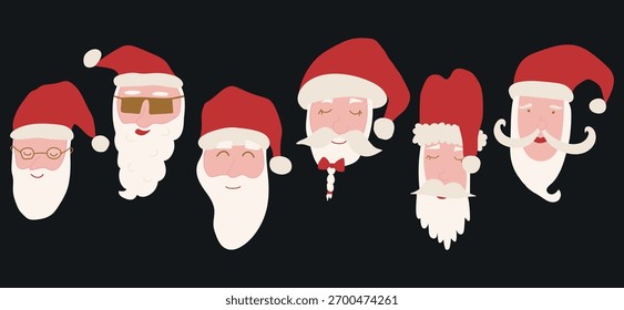 Conjunto de cabezas de Santa en diferentes estilos. Ilustración vectorial. Aislado sobre fondo negro.