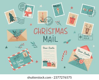 Set of Santa mail included Christmas opened and closed  envelopes, decorated with branches and dried lemon slice, seals, postage stamps,  Wishlist, Mailbox. Vector illustration on light background